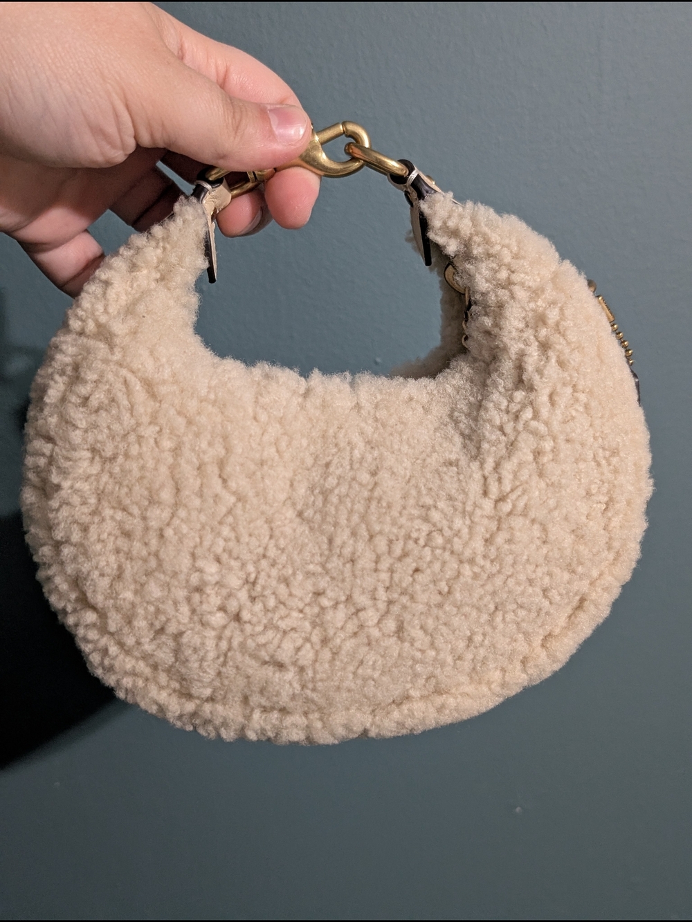 Coach Cozy Shearling Crescent Shoulder Bag in Cream